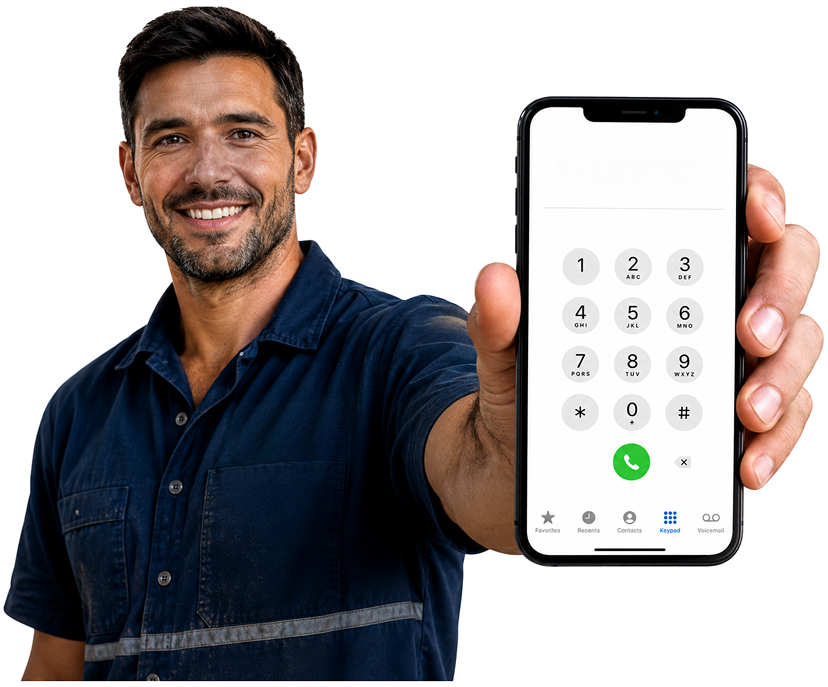 Airds Blocked Drains plumber holding a phone — call 1300 261 965