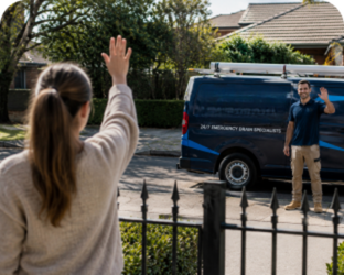 Customer waving goodbye to a Airds Blocked Drains plumber